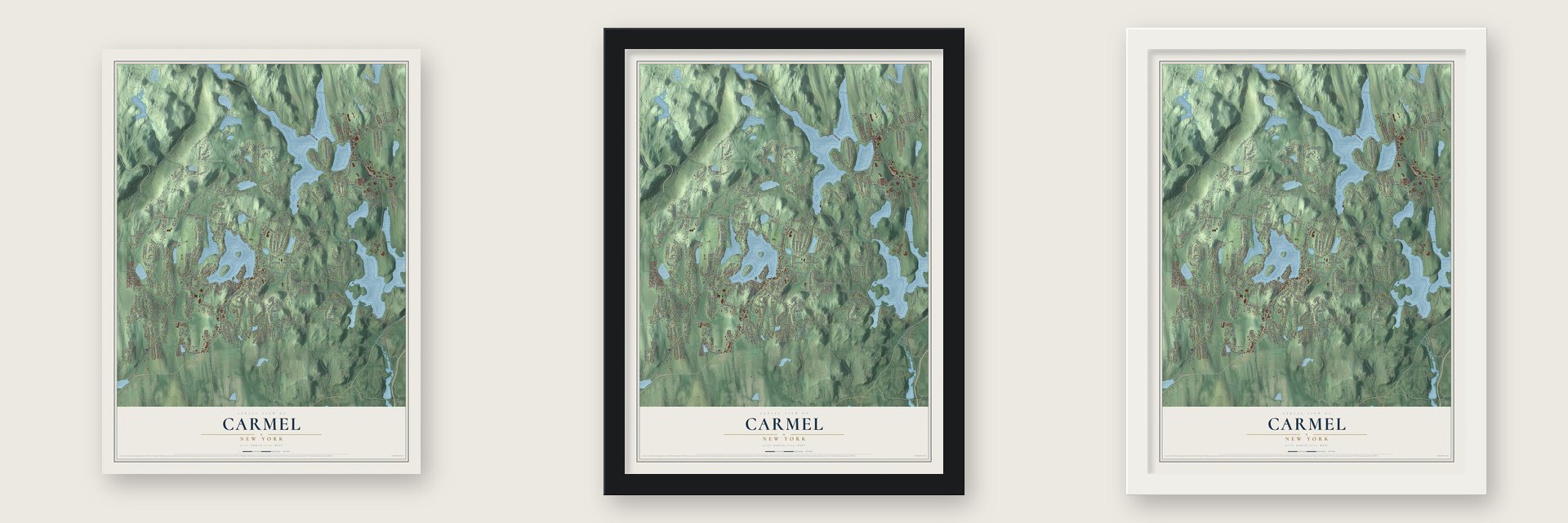 Carmel, New York map unframed, in a black wood frame and in a white wood frame