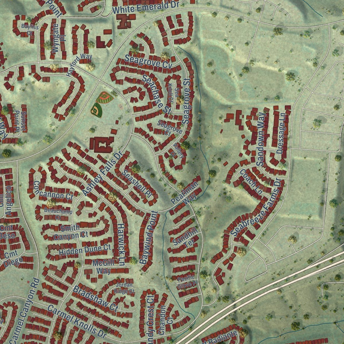 Second close-up of the map of Carmel Valley, California print showing more streets and buildings