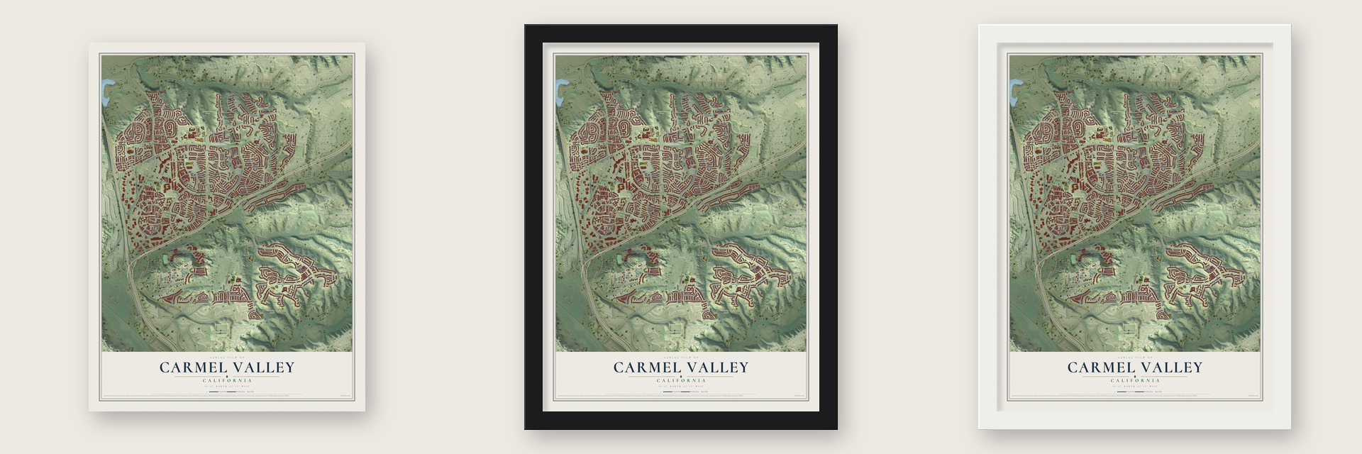 Carmel Valley, California map unframed, in a black wood frame and in a white wood frame