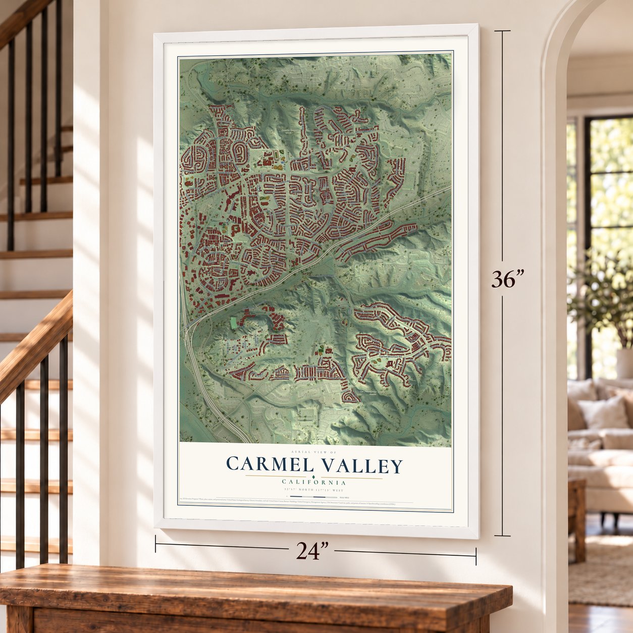 Carmel Valley, California map, 24 x 36 inch print in a white frame by a staircase