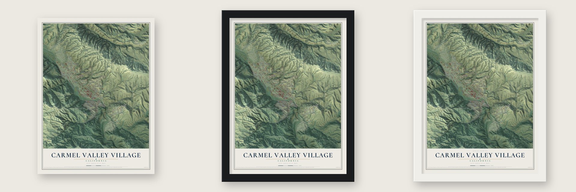 Carmel Valley Village, California map unframed, in a black wood frame and in a white wood frame