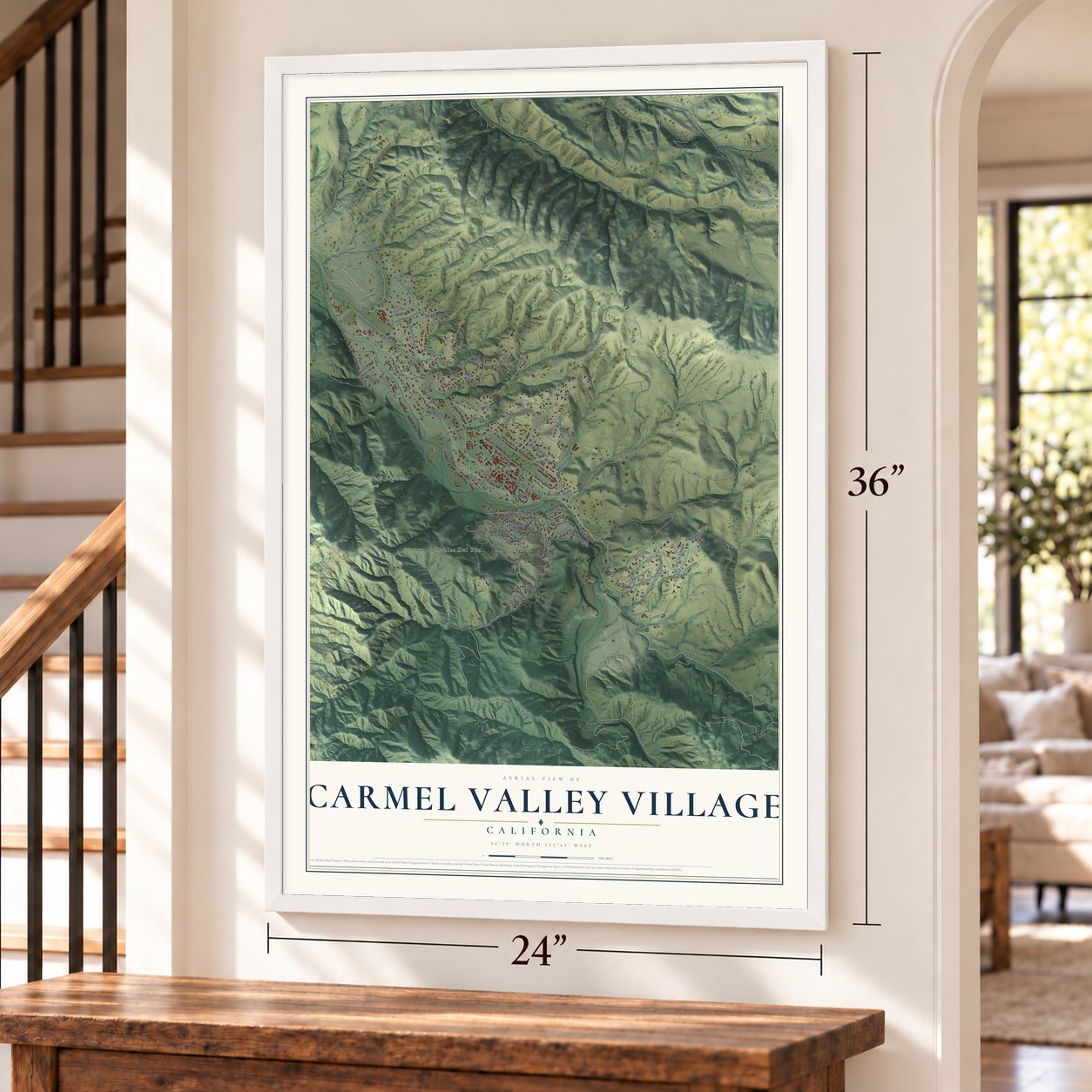 Carmel Valley Village, California map, 24 x 36 inch print in a white frame by a staircase