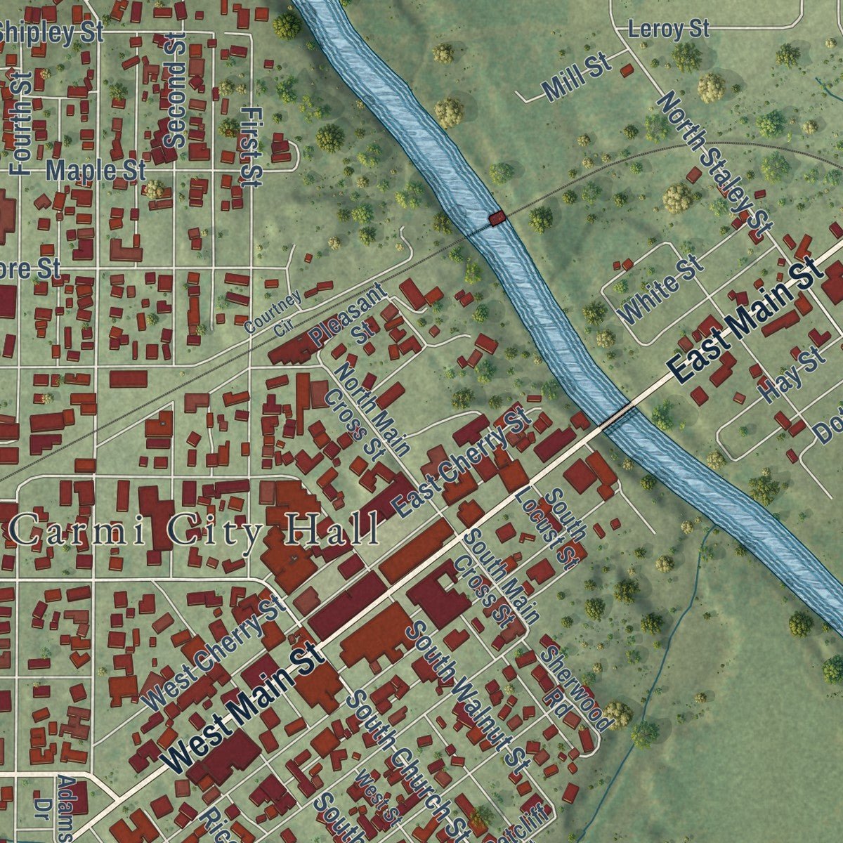 Second close-up of the map of Carmi, Illinois print showing more streets and buildings