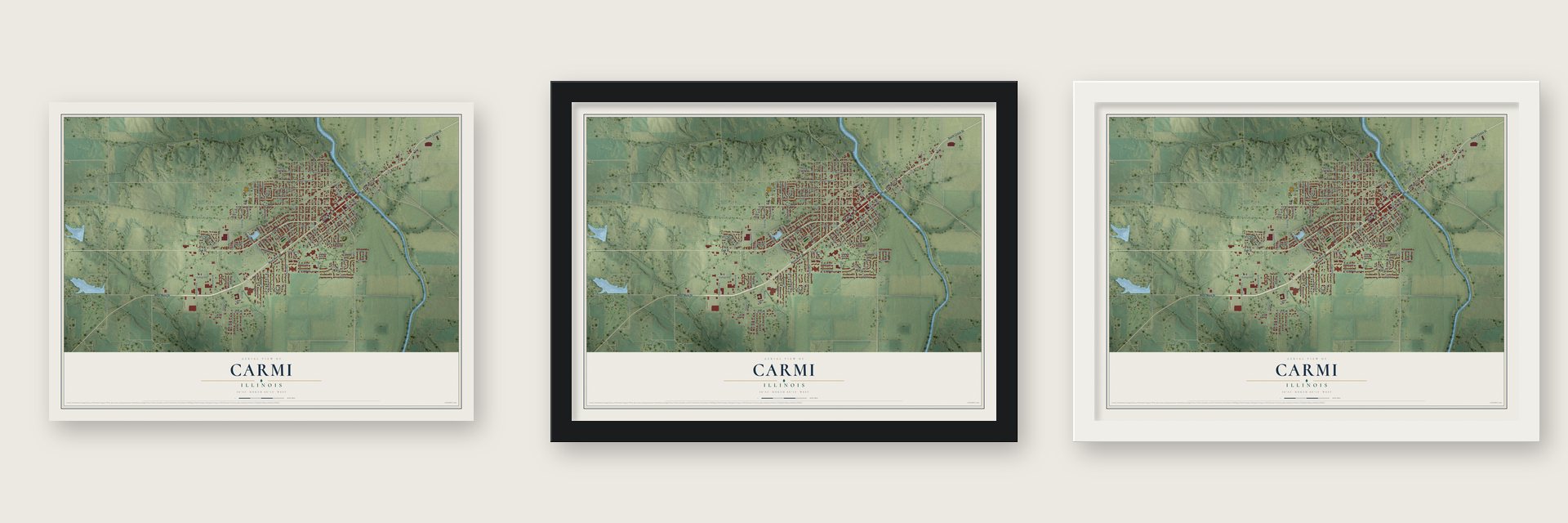 Carmi, Illinois map unframed, in a black wood frame and in a white wood frame