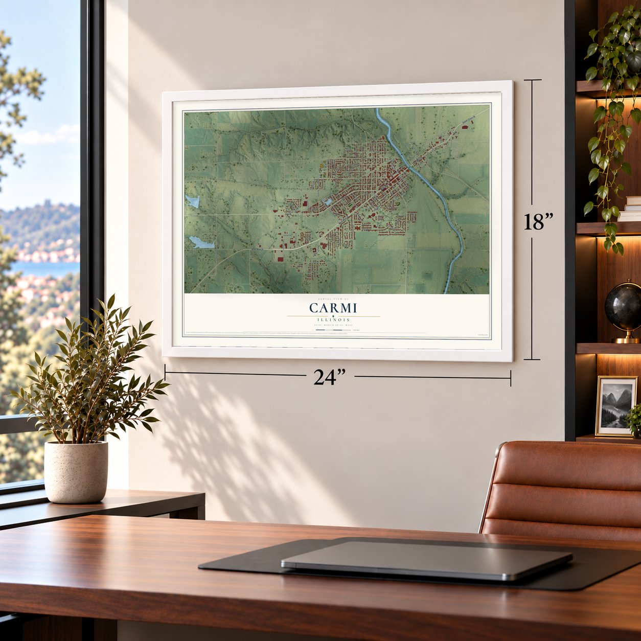 Carmi, Illinois map, 18 x 24 inch print in a white frame in a home office
