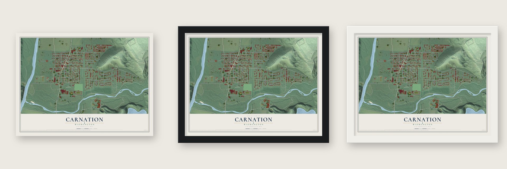 Carnation, Washington map unframed, in a black wood frame and in a white wood frame