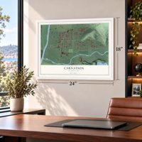 Carnation, Washington map, 18 x 24 inch print in a white frame in a home office