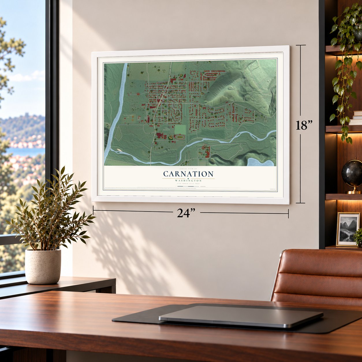 Carnation, Washington map, 18 x 24 inch print in a white frame in a home office