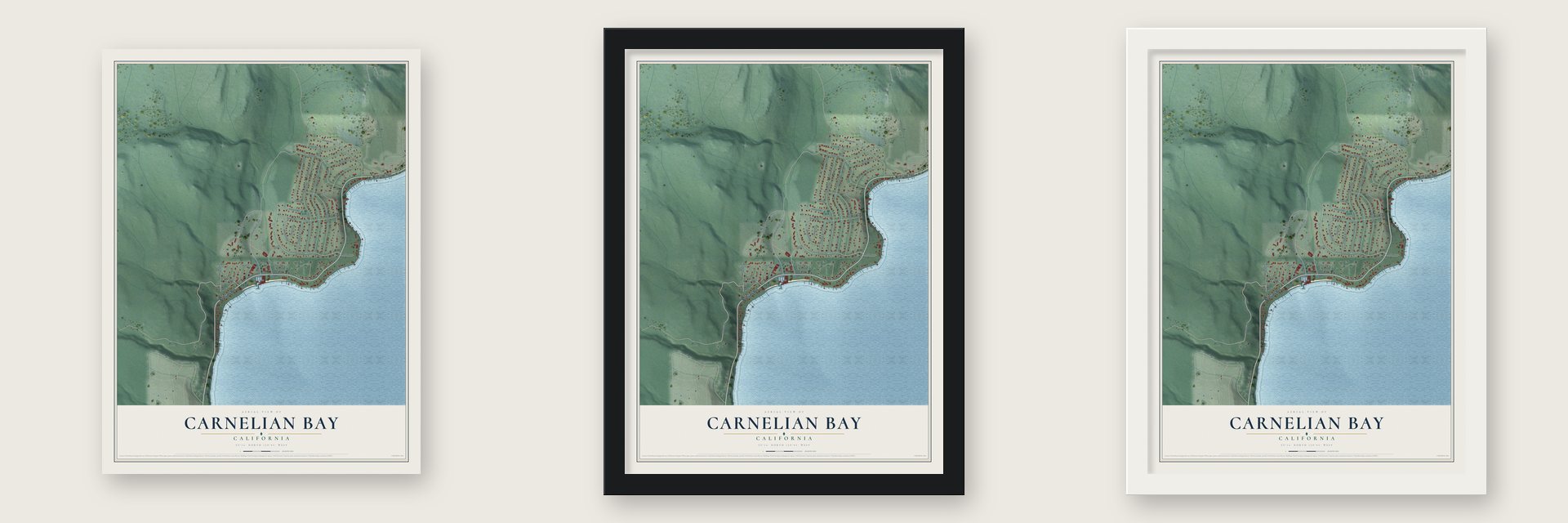 Carnelian Bay, California map unframed, in a black wood frame and in a white wood frame