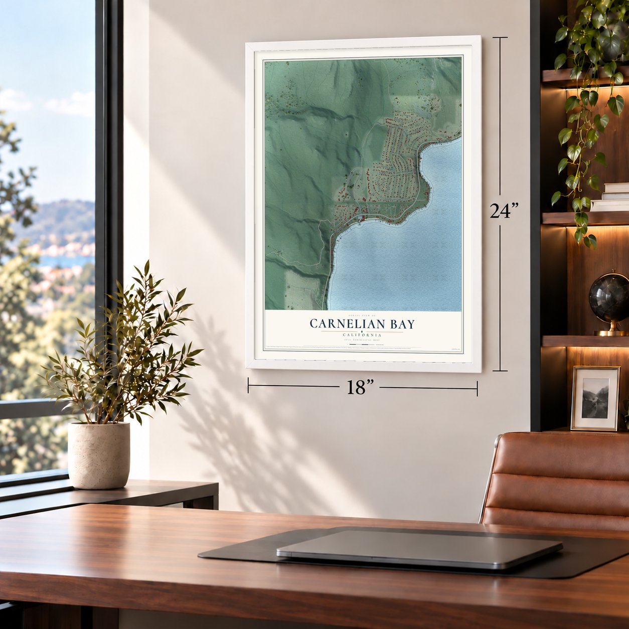 Carnelian Bay, California map, 18 x 24 inch print in a white frame in a home office