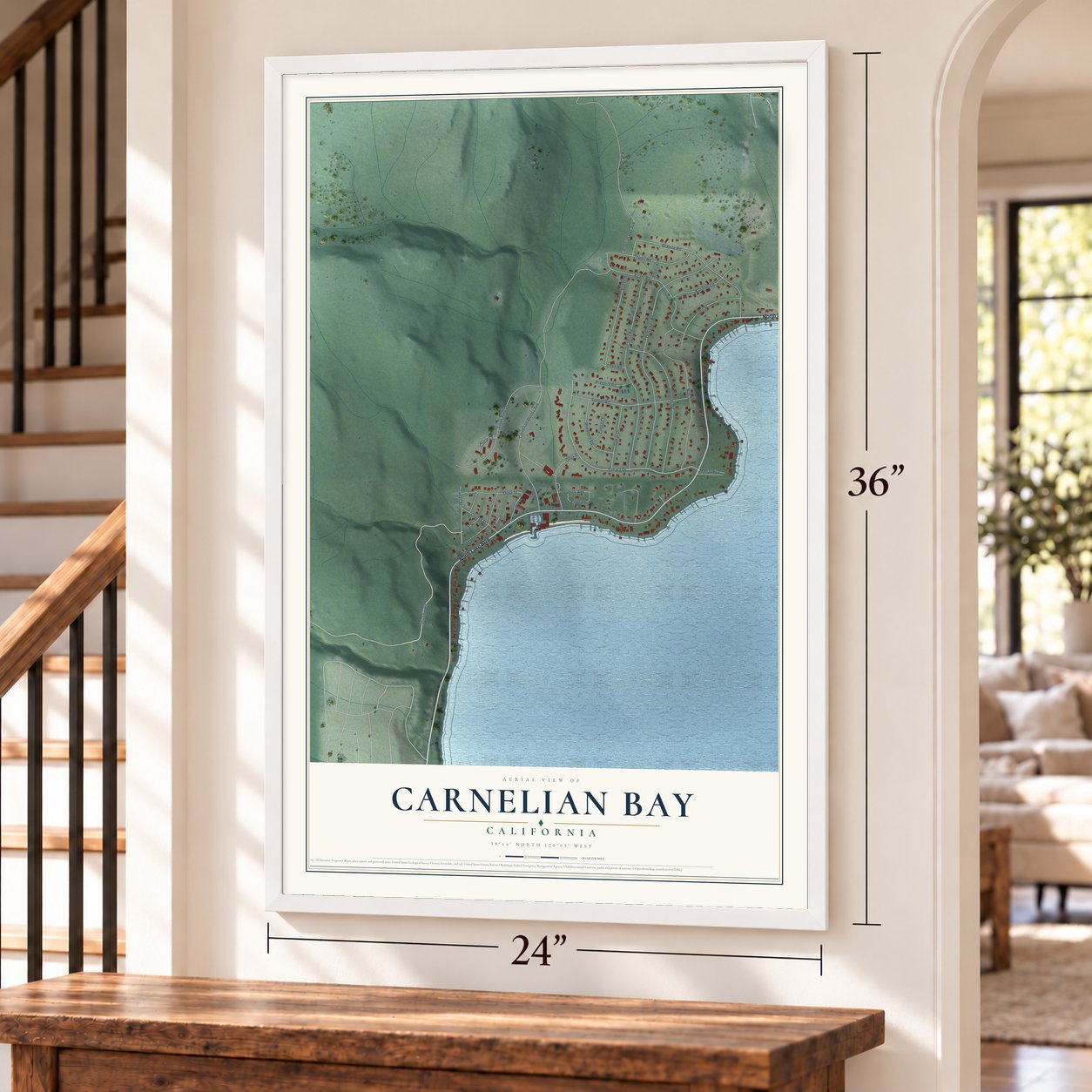 Carnelian Bay, California map, 24 x 36 inch print in a white frame by a staircase