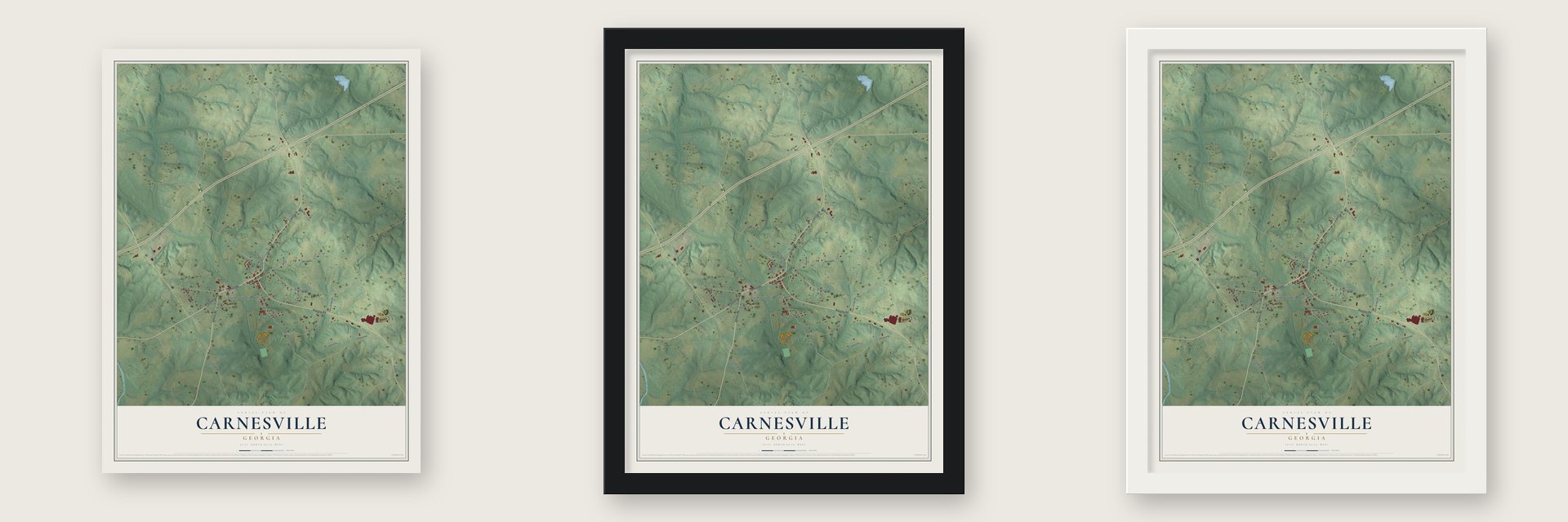 Carnesville, Georgia map unframed, in a black wood frame and in a white wood frame