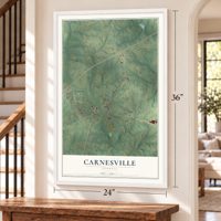 Carnesville, Georgia map, 24 x 36 inch print in a white frame by a staircase