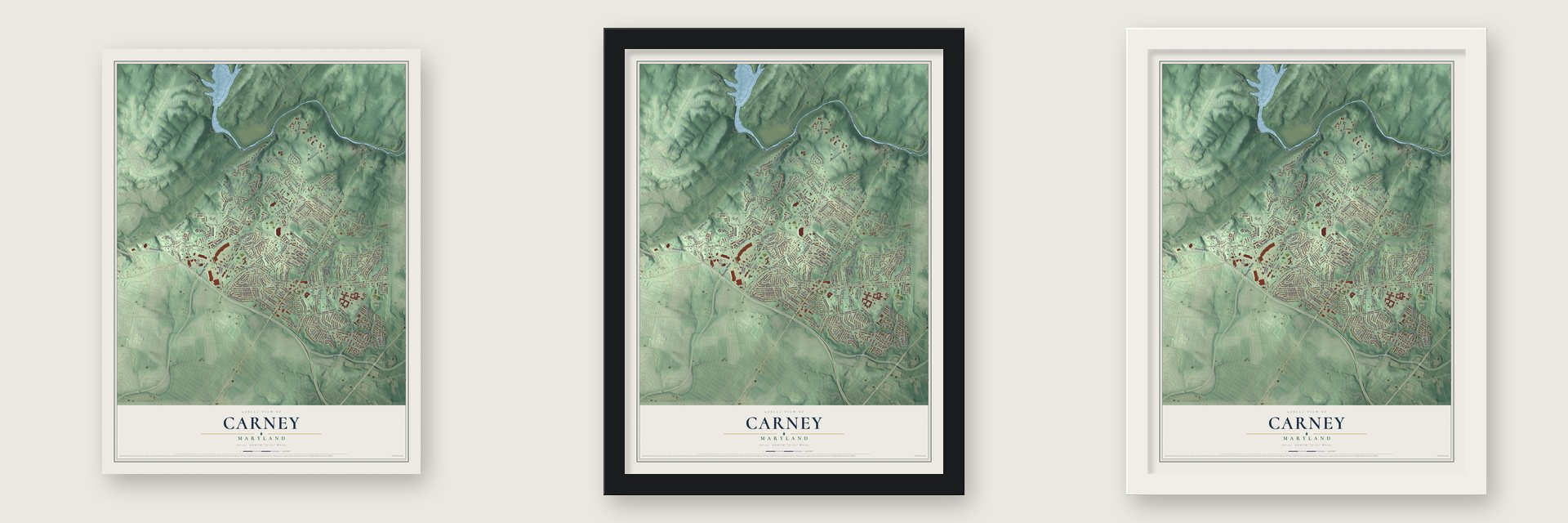 Carney, Maryland map unframed, in a black wood frame and in a white wood frame