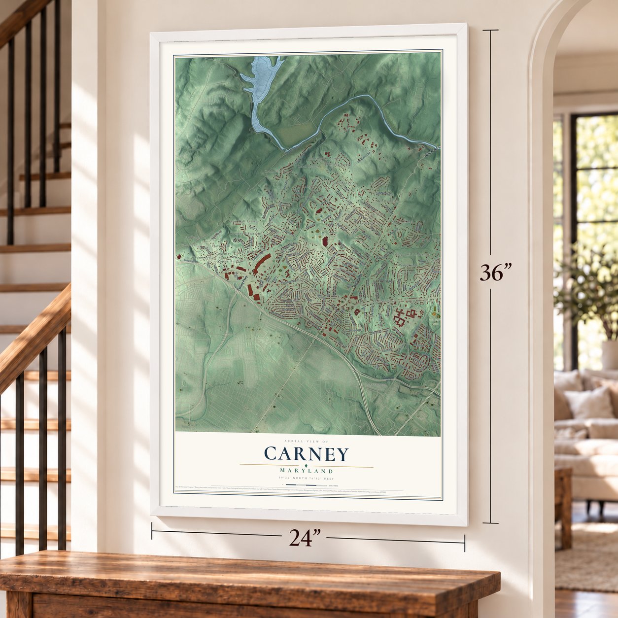 Carney, Maryland map, 24 x 36 inch print in a white frame by a staircase