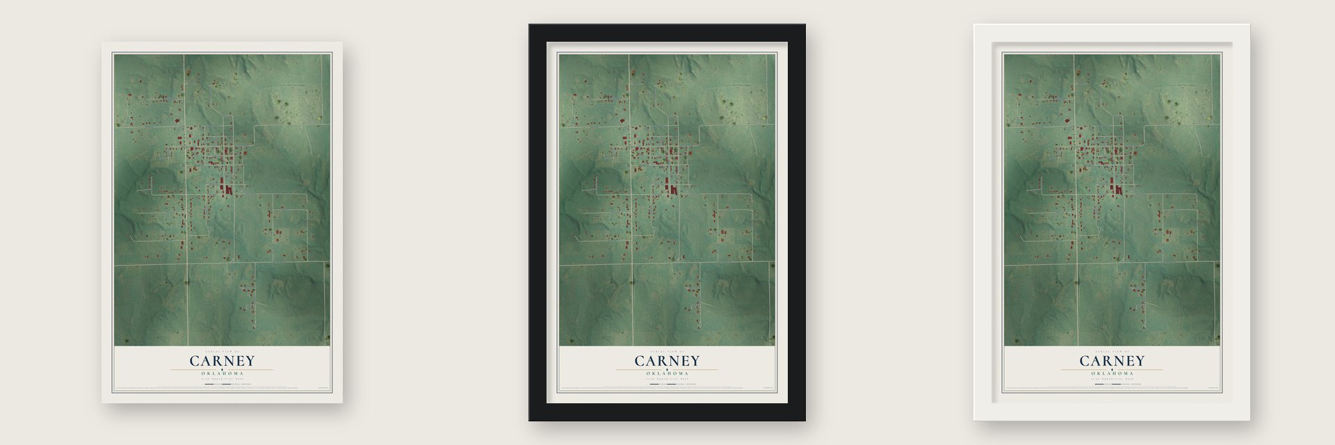 Carney, Oklahoma map unframed, in a black wood frame and in a white wood frame