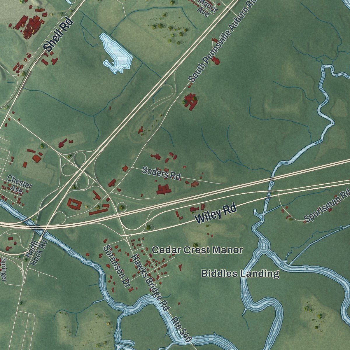 Second close-up of the map of Carneys Point, New Jersey print showing more streets and buildings