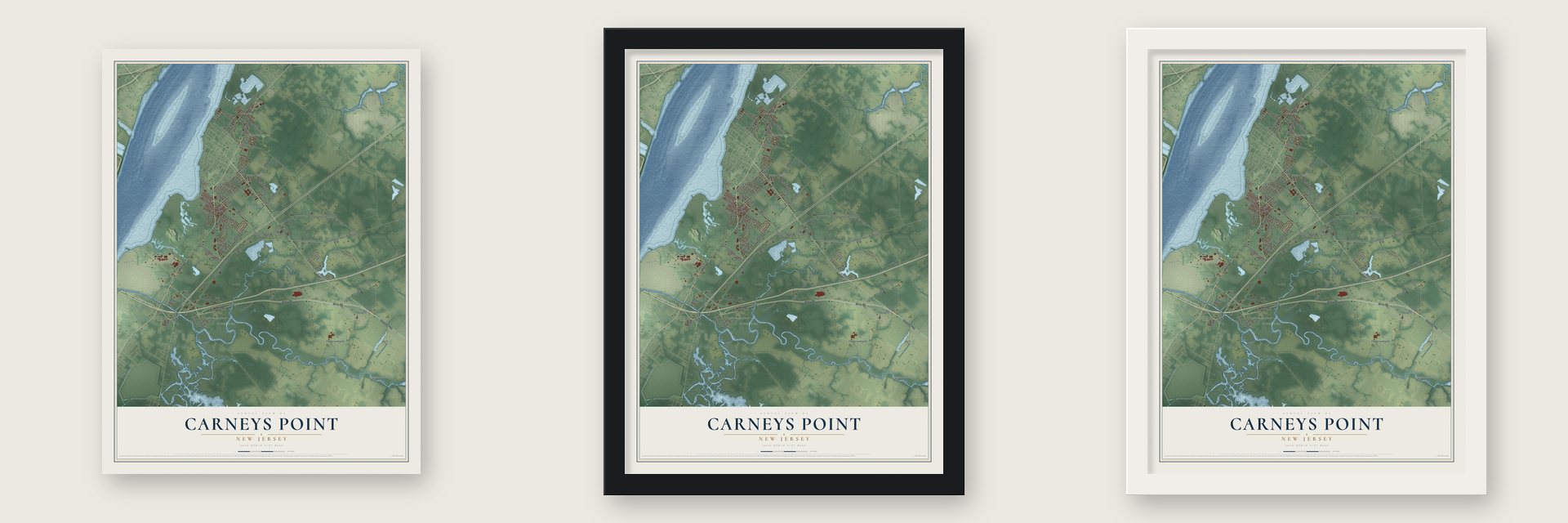 Carneys Point, New Jersey map unframed, in a black wood frame and in a white wood frame