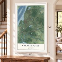 Carneys Point, New Jersey map, 24 x 36 inch print in a white frame by a staircase