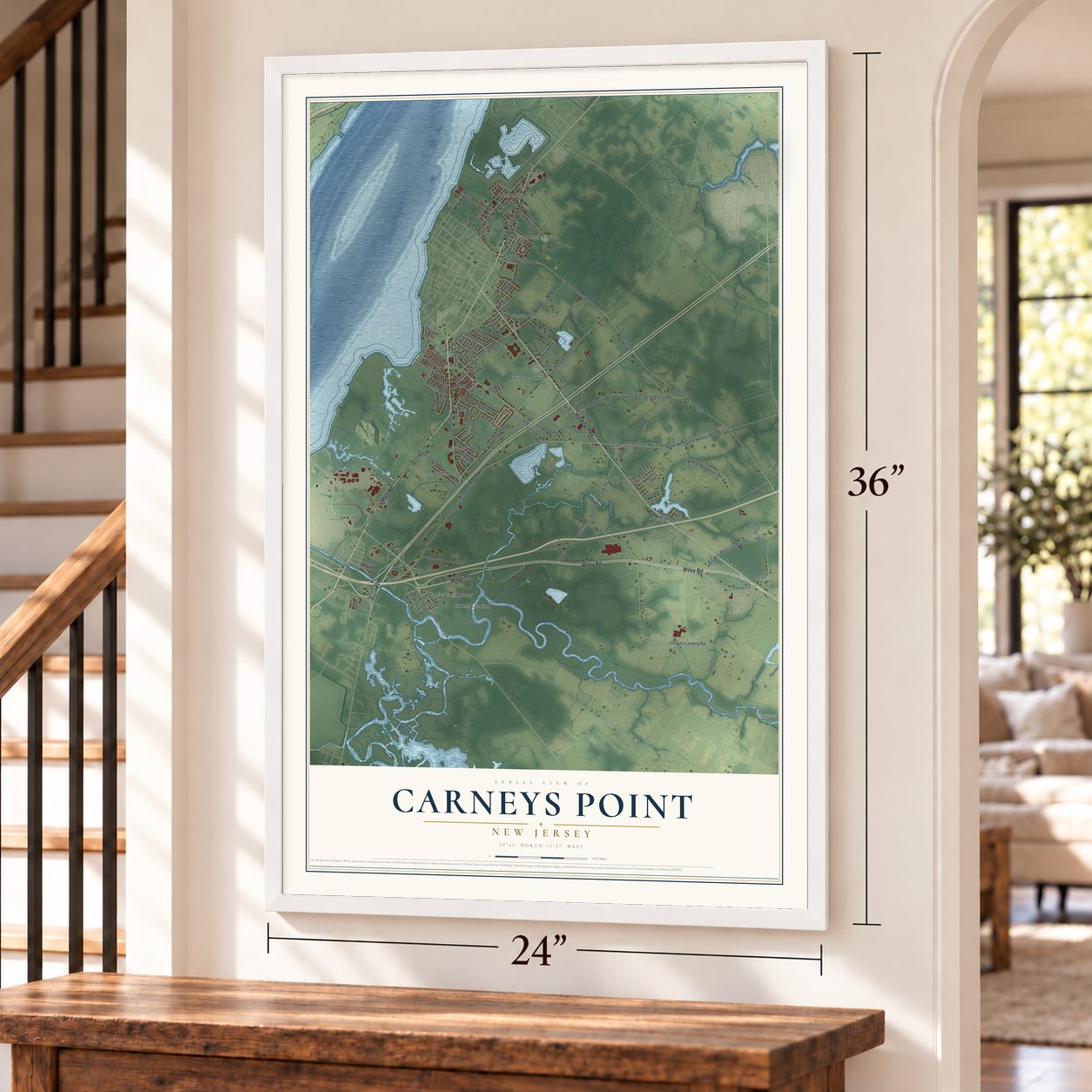 Carneys Point, New Jersey map, 24 x 36 inch print in a white frame by a staircase
