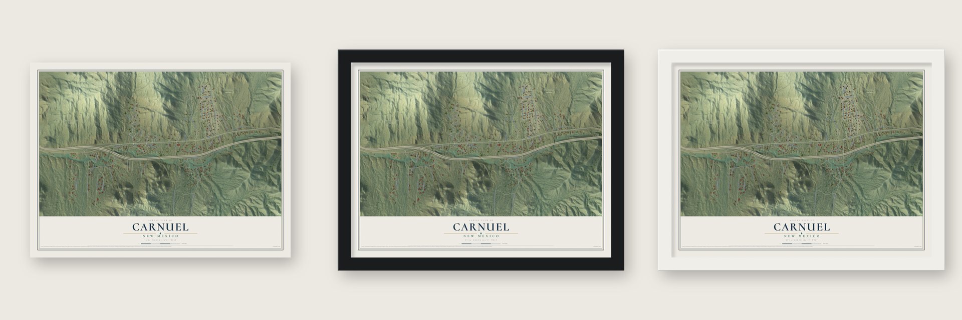 Carnuel, New Mexico map unframed, in a black wood frame and in a white wood frame