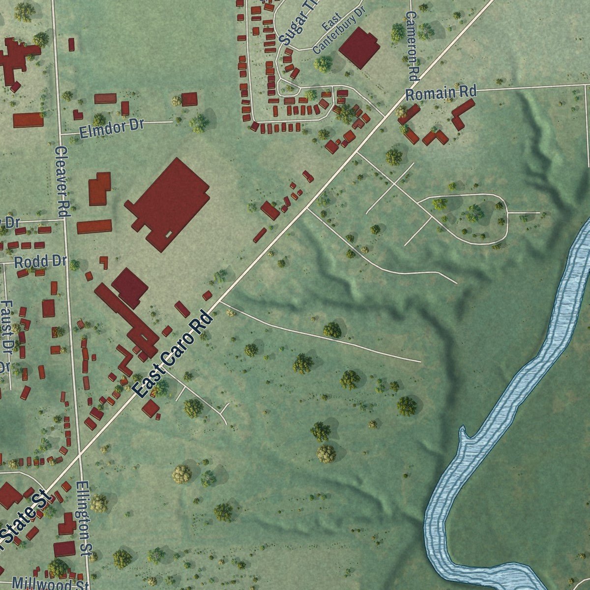 Second close-up of the map of Caro, Michigan print showing more streets and buildings