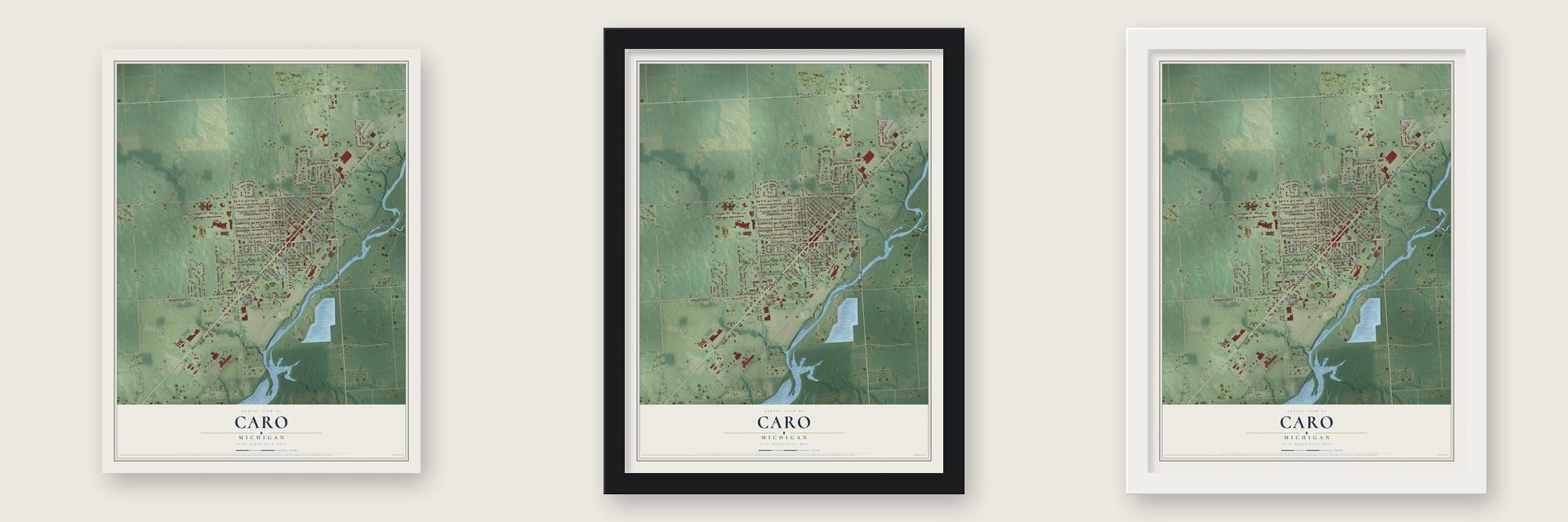 Caro, Michigan map unframed, in a black wood frame and in a white wood frame