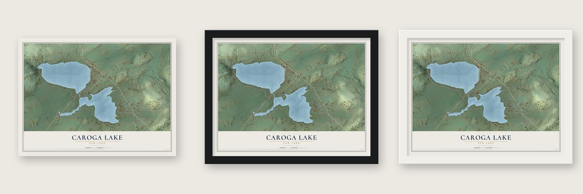 Caroga Lake, New York map unframed, in a black wood frame and in a white wood frame