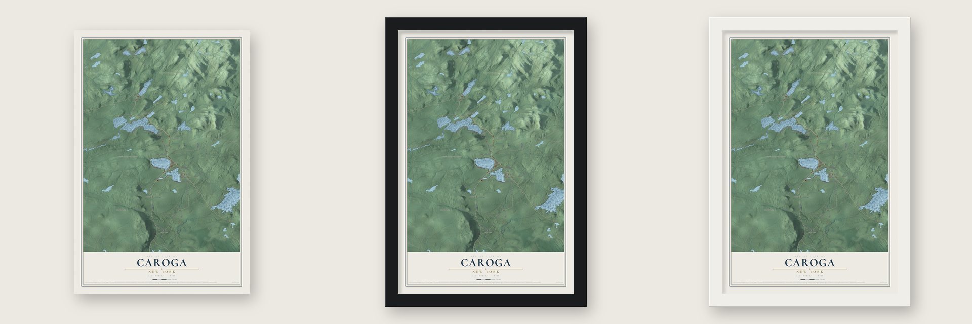 Caroga, New York map unframed, in a black wood frame and in a white wood frame