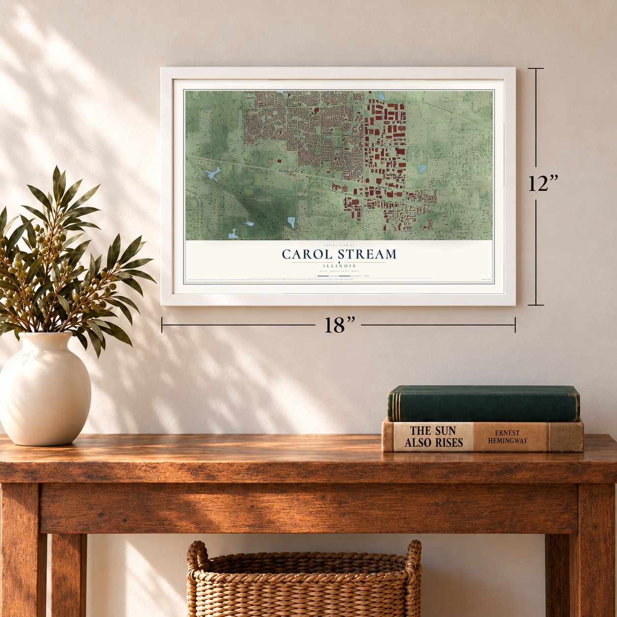 Carol Stream, Illinois map, 12 x 18 inch print in a white frame in an entryway