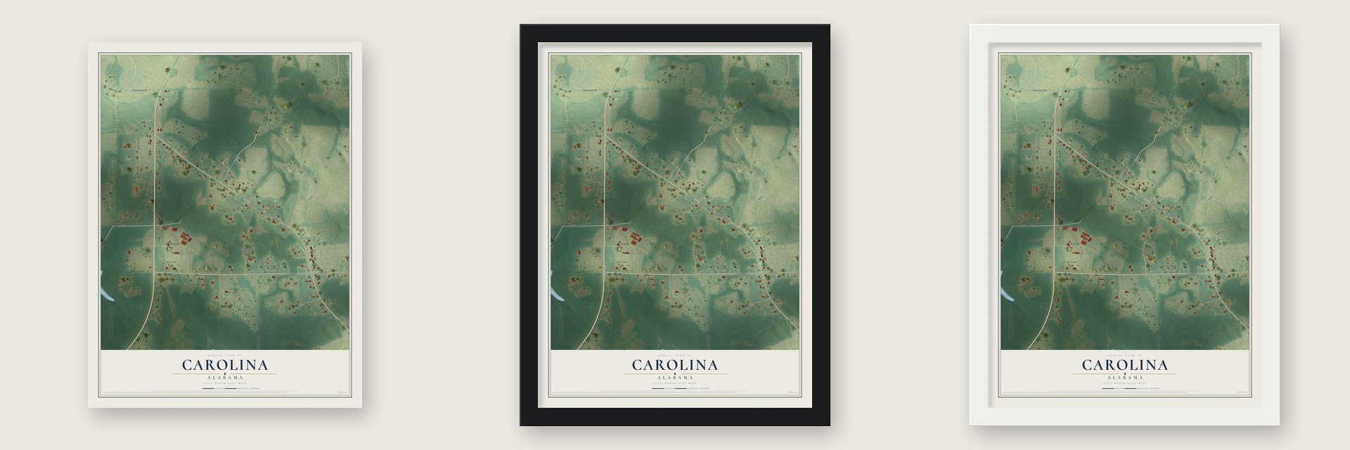 Carolina, Alabama map unframed, in a black wood frame and in a white wood frame