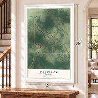 Carolina, Alabama map, 24 x 36 inch print in a white frame by a staircase