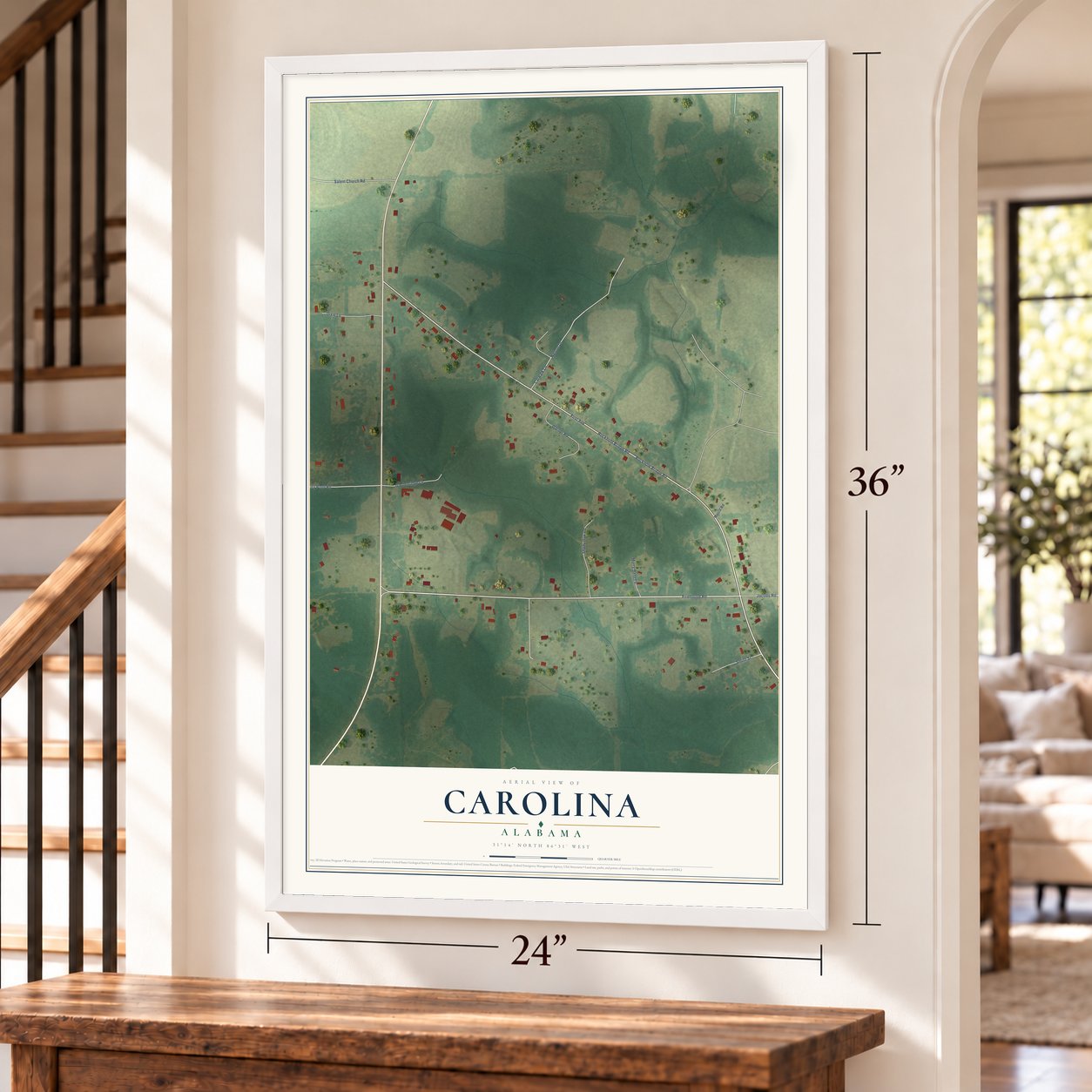 Carolina, Alabama map, 24 x 36 inch print in a white frame by a staircase