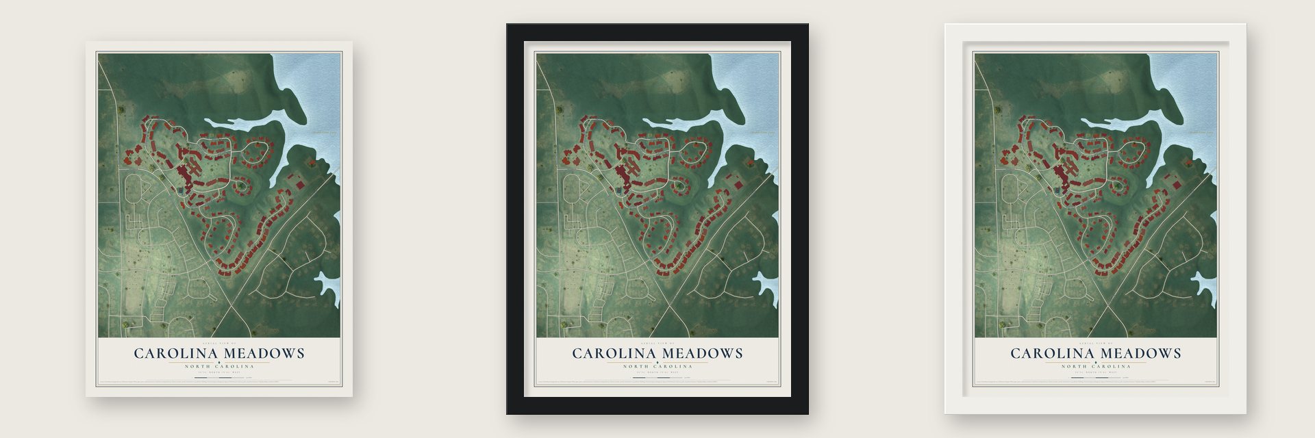Carolina Meadows, North Carolina map unframed, in a black wood frame and in a white wood frame