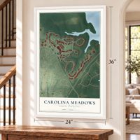 Carolina Meadows, North Carolina map, 24 x 36 inch print in a white frame by a staircase