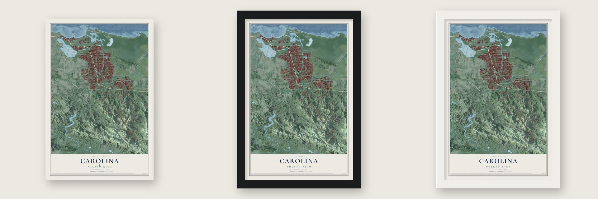 Carolina, Puerto Rico map unframed, in a black wood frame and in a white wood frame