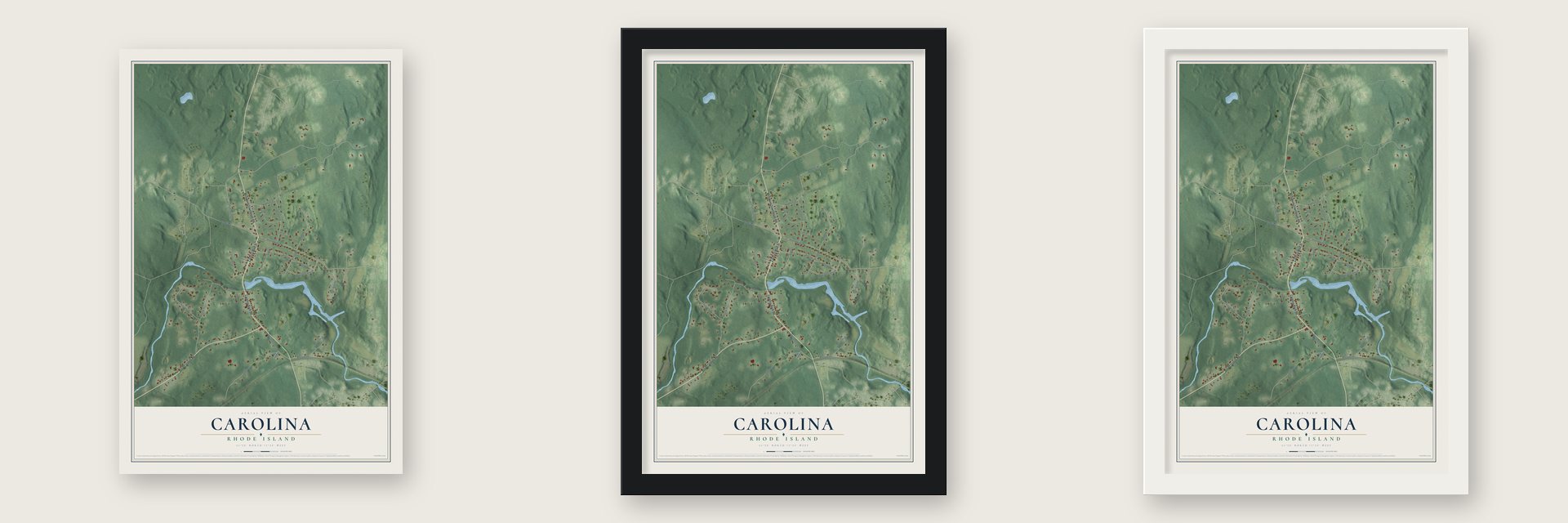 Carolina, Rhode Island map unframed, in a black wood frame and in a white wood frame