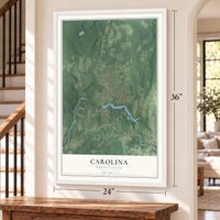 Carolina, Rhode Island map, 24 x 36 inch print in a white frame by a staircase