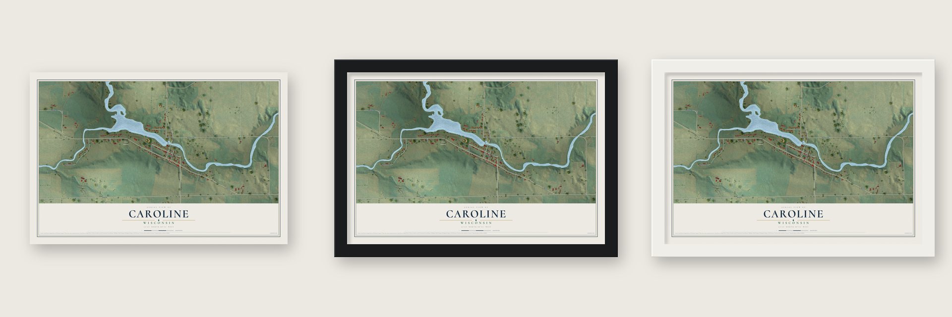 Caroline, Wisconsin map unframed, in a black wood frame and in a white wood frame