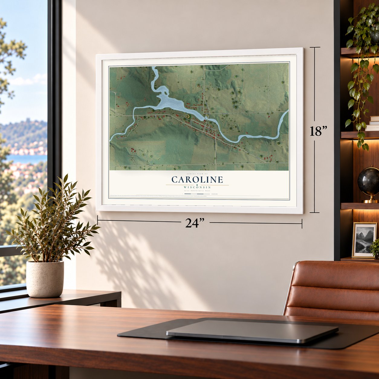 Caroline, Wisconsin map, 18 x 24 inch print in a white frame in a home office