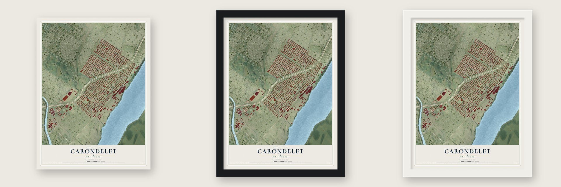 Carondelet, Missouri map unframed, in a black wood frame and in a white wood frame