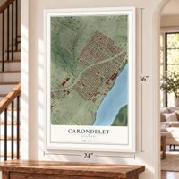 Carondelet, Missouri map, 24 x 36 inch print in a white frame by a staircase