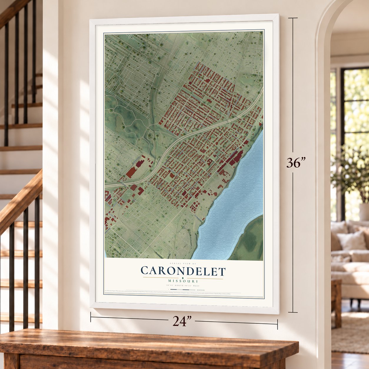 Carondelet, Missouri map, 24 x 36 inch print in a white frame by a staircase