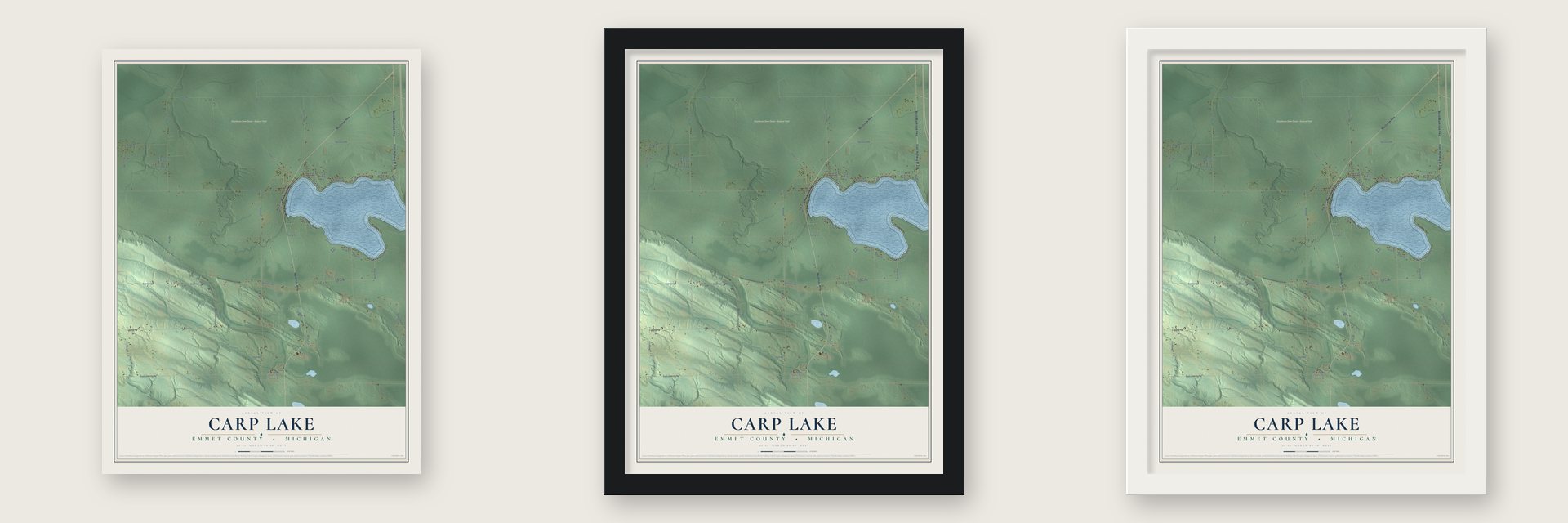 Carp Lake, Emmet County, Michigan map unframed, in a black wood frame and in a white wood frame