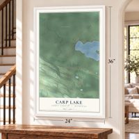 Carp Lake, Emmet County, Michigan map, 24 x 36 inch print in a white frame by a staircase