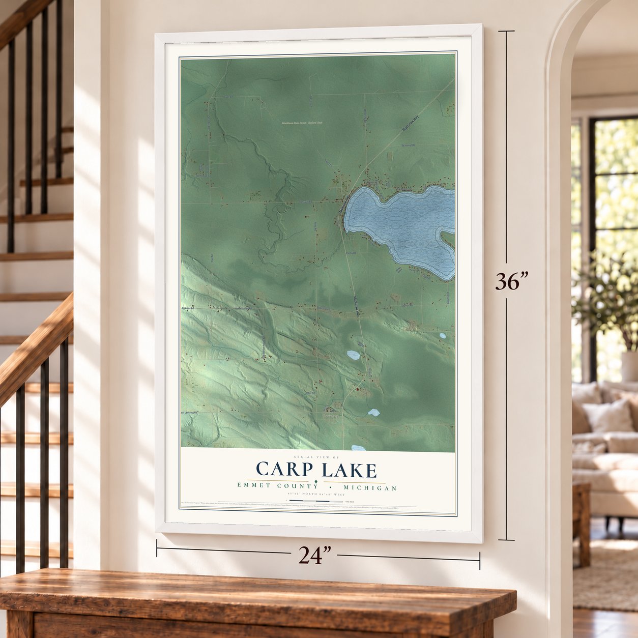 Carp Lake, Emmet County, Michigan map, 24 x 36 inch print in a white frame by a staircase