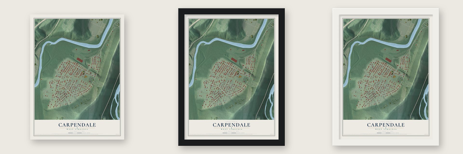 Carpendale, West Virginia map unframed, in a black wood frame and in a white wood frame