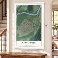 Carpendale, West Virginia map, 24 x 36 inch print in a white frame by a staircase