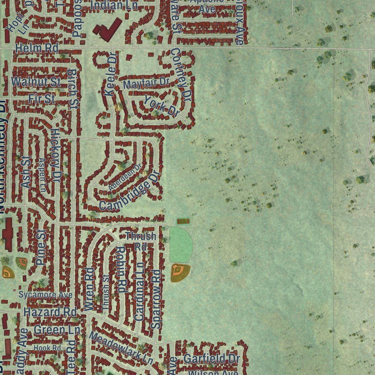 Second close-up of the map of Carpentersville, Illinois print showing more streets and buildings