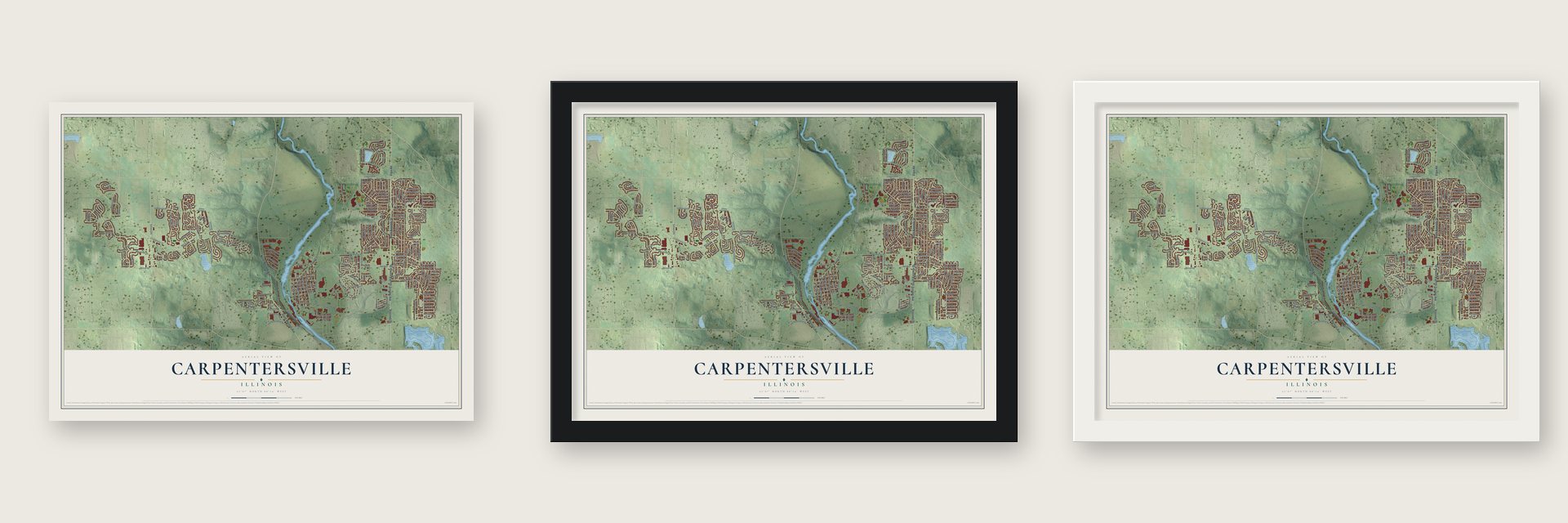Carpentersville, Illinois map unframed, in a black wood frame and in a white wood frame